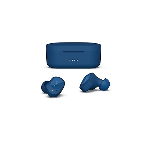 Blaues kabelloses Headset-Set, bestehend aus Ladecase und zwei Ohrhörern. Auf dem Case sind drei kleine, weiße Punkte sichtbar.
