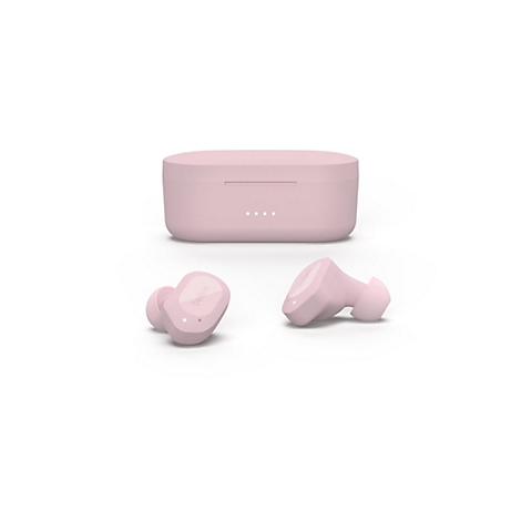 Hellrosa kabellose Ohrhörer mit Ladecase auf weißem Hintergrund.