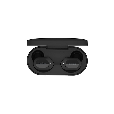 Schwarze kabellose Kopfhörer in geöffneter Ladebox. Die Marke Belkin ist auf den Kopfhörern sichtbar.
