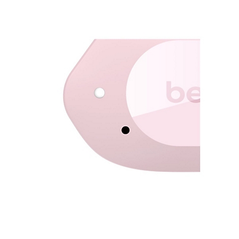 Gros plan sur un objet rose avec deux points et les lettres "be".