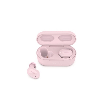 Écouteurs sans fil rose clair avec étui de chargement, marque Belkin. L'un des écouteurs est posé à côté.