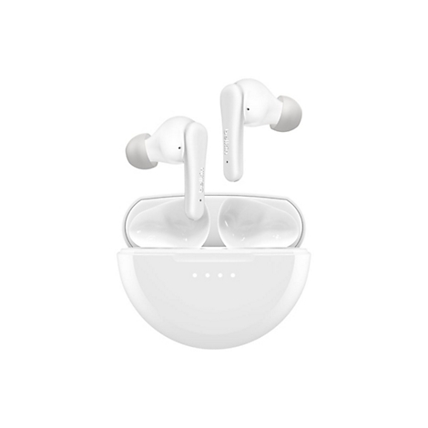 Écouteurs sans fil blancs avec étui de chargement sur fond blanc.