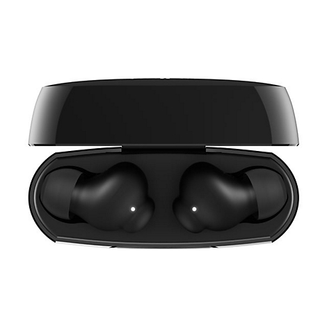 Schwarze kabellose Ohrhörer in einer offenen Ladeschale, Draufsicht.
