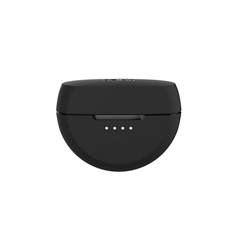 Schwarzes Ladecase für kabellose Ohrhörer, abgerundete Form, drei kleine weiße Punkte.