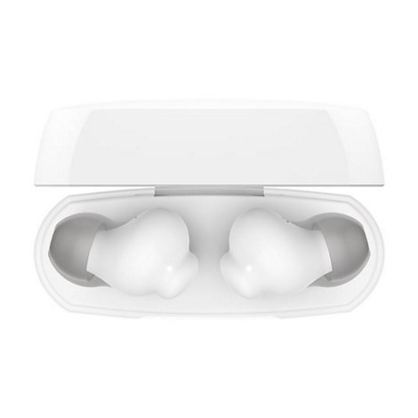 Zwei weiße Ohrhörer liegen in einer offenen, weißen Ladebox. Die Ohrhörer haben graue Ohrstöpsel.
