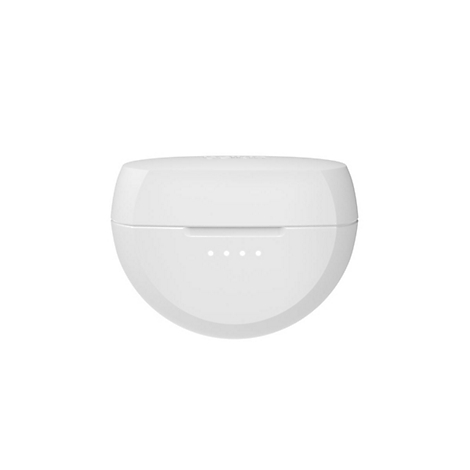 Étui de chargement blanc et ovale pour écouteurs sans fil. Quatre petits points indiquent l'état de charge.