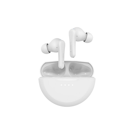 Écouteurs intra-auriculaires sans fil blancs, en partie dans un étui de chargement. Logo Belkin sur les deux écouteurs.