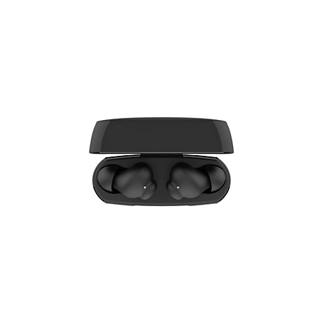 Schwarze kabellose Ohrhörer liegen in einem geöffneten Ladecase.