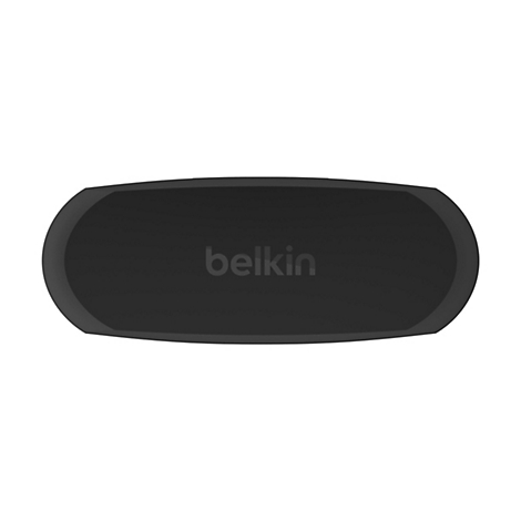 Ein schwarzes, längliches Gerät mit abgerundeten Ecken. Der Schriftzug "belkin" ist in der Mitte zu sehen.
