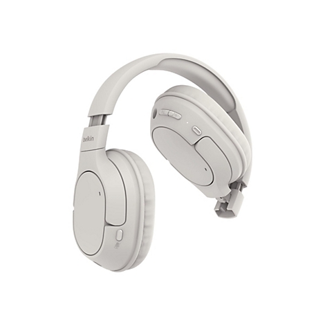 Hellgrauer Kopfhörer vor weißem Hintergrund. Das Belkin Logo ist deutlich zu sehen. Auf der Ohrmuschel befinden sich Tasten.
