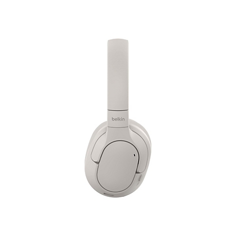 Hellgrauer Kopfhörer mit Belkin-Logo. Das Kopfband ist hochgeklappt, die Ohrmuscheln sind rund.