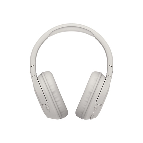 Hellgrauer Kopfhörer vor weißem Hintergrund. Sichtbar sind Ohrmuscheln, Bügel und Bedienelemente.