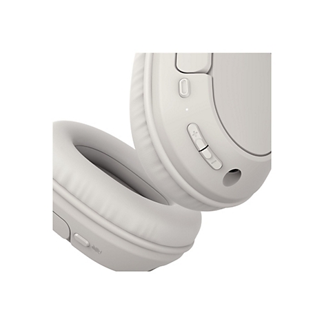 Hellgrauer Kopfhörer-Ausschnitt, Nahaufnahme. Details: Ohrmuschel, Knöpfe, Mikrofonsymbol.