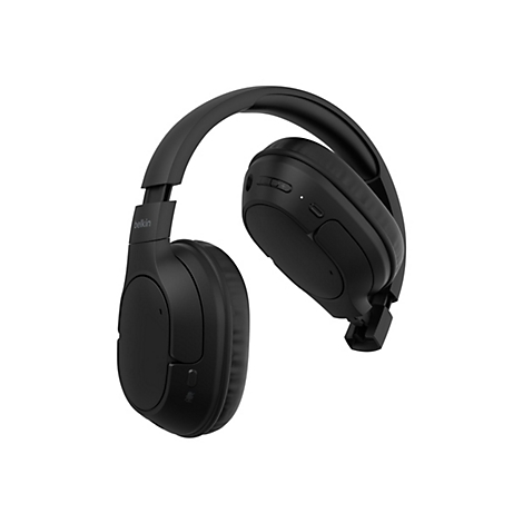 Casque sans fil noir de Belkin. Il est posé en diagonale devant un fond blanc. On peut voir des boutons et une LED sur l'écouteur droit.