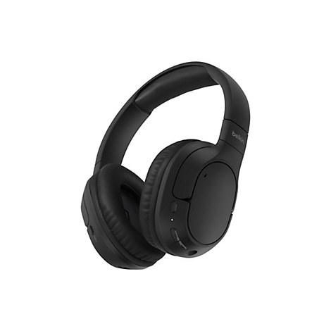 Casque supra-auriculaire noir avec le logo Belkin sur fond clair. Les oreillettes, l'arceau et les commandes sont clairement visibles.