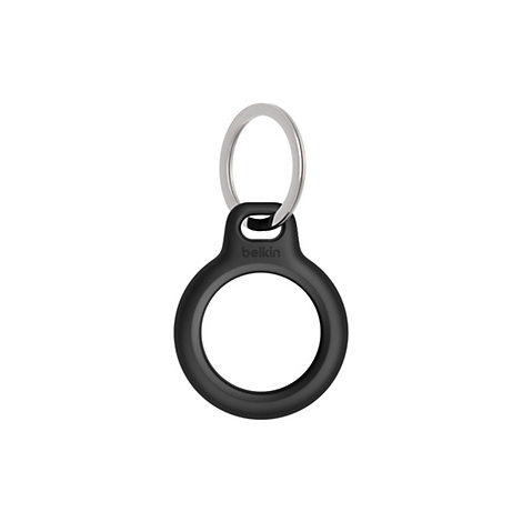 Schwarzer Belkin AirTag-Halter mit silbernem Schlüsselring. Das Belkin-Logo ist sichtbar.