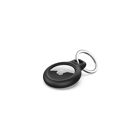 Schwarzer Belkin AirTag mit silbernem Schlüsselring vor weißem Hintergrund. Apple-Logo sichtbar.
