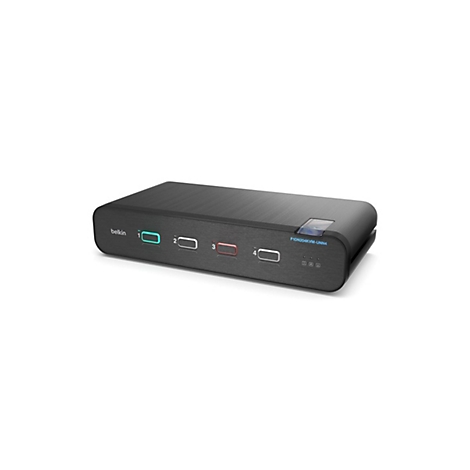 Commutateur KVM Belkin noir, vue de face avec ports et indicateurs.