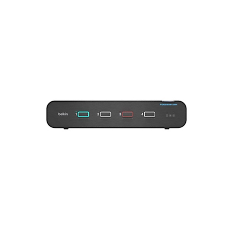 Commutateur KVM Belkin noir avec quatre entrées, boutons éclairés et nom du produit.