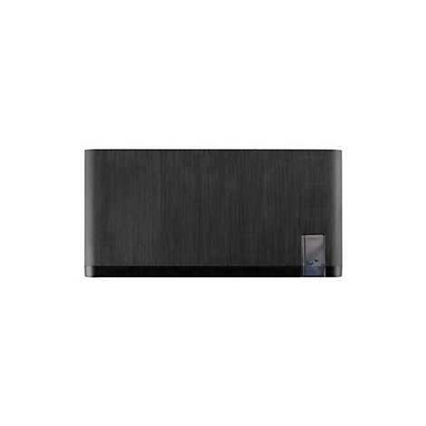 Dunkelgraue externe Festplatte mit gebürsteter Oberfläche, Herstellerlogo erkennbar.