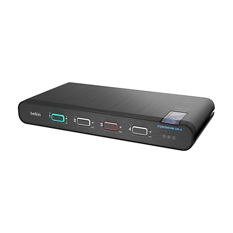 Ein schwarzer Belkin KVM-Switch mit LED-Anzeigen und Anschlüssen. Aufschrift: F1DN104KVM-UN-4.