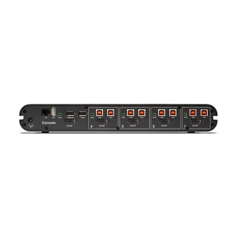 Schwarzer KVM-Switch mit mehreren Anschlüssen und Beschriftungen. Konsole, Audio, K/M, DP/HDMI, sowie Nummern zur Identifizierung.
