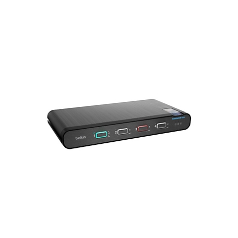 Commutateur KVM Belkin noir avec quatre ports et des LED bleues/rouges, sur fond blanc.