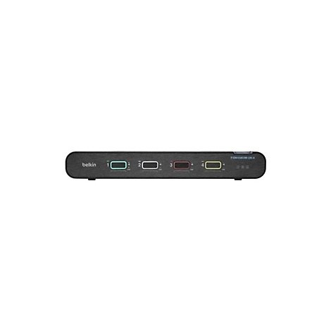 Commutateur KVM Belkin noir, vue de dessus. Quatre emplacements de connexion avec LED colorées. Texte: Belkin.