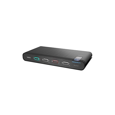 Commutateur KVM Belkin noir. Ports d'entrée, LED et un petit écran sont situés sur le dessus.
