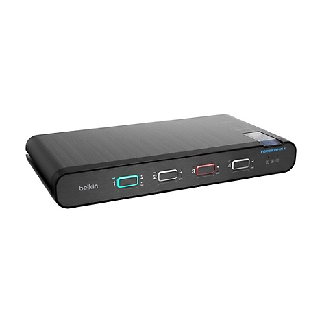 Schwarzer Belkin KVM-Switch. Oben Knöpfe mit blauen und roten Lichtern. Aufschrift: F1DN104KVM-UN-4.