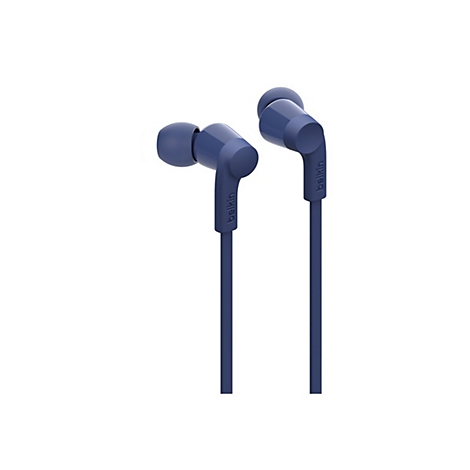 Deux écouteurs intra-auriculaires bleus sur fond blanc. Le nom 'Belkin' est visible sur les deux.