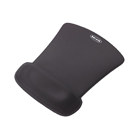 Tapis de souris ergonomique noir avec repose-poignet. Logo "BELKIN".