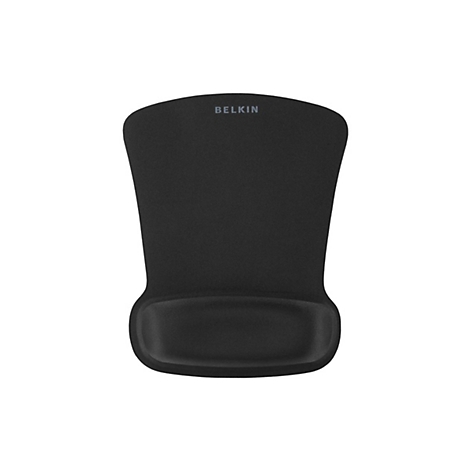 Tapis de souris noir avec repose-poignet, logo Belkin en haut.
