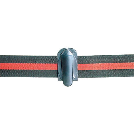 Dark gray band with red stripe, held by black plastic. Vertical view.