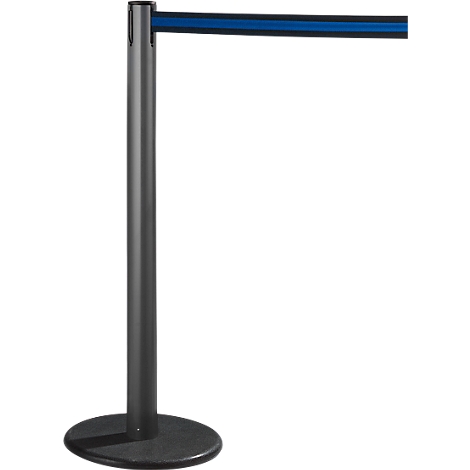 A single, dark stanchion with a blue barrier tape on a white background.