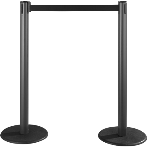Two black stanchions with a stretched black band.