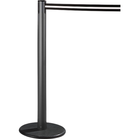 Black barrier posts with black ribbon and silver stripes, white background.