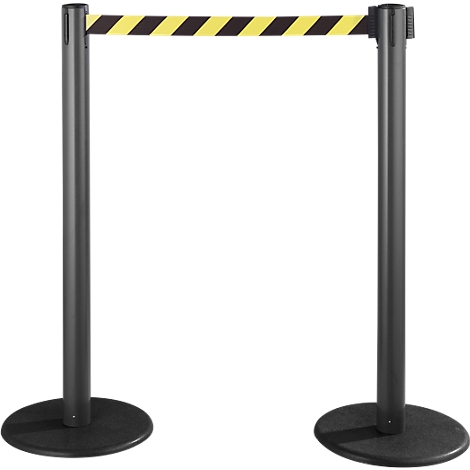 Two black posts with a yellow and black striped barrier. The posts have round bases.
