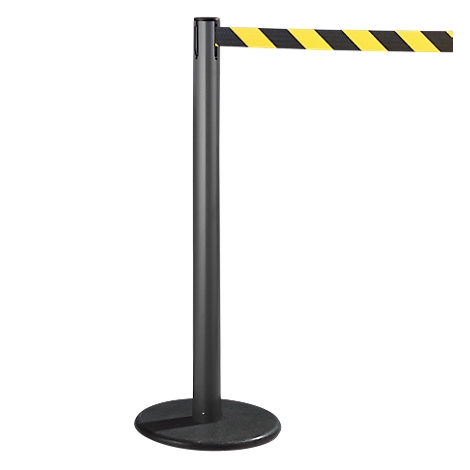 Black stanchion with yellow and black striped barrier tape. Round base on a white surface.