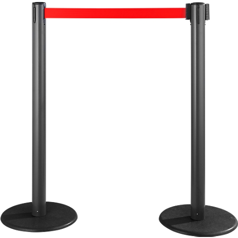 Two black stanchions with a red retractable belt. The stanchions stand on round bases.