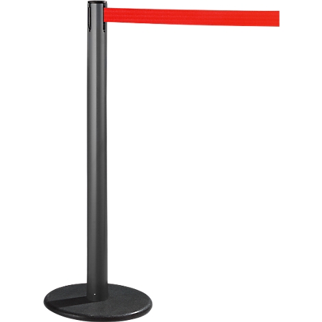 A black stanchion with a red belt, against a white background.