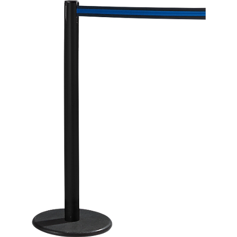 Black stanchion with blue ribbon, on a white background.