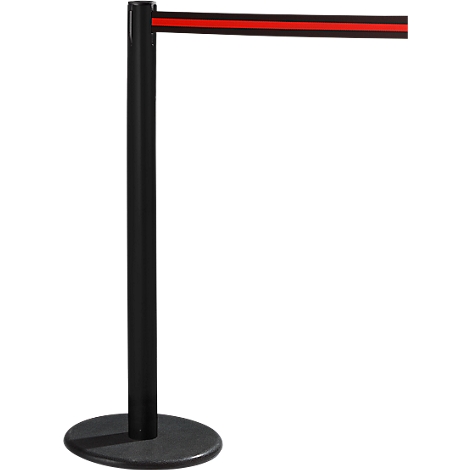 Black stanchion with red ribbon. Standing on a round base.