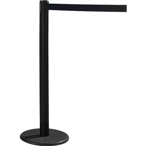Black stanchion with black band. The stanchion stands on a round, dark base. The band runs horizontally.