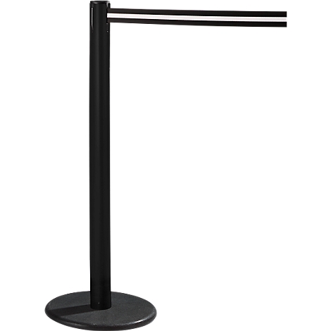 Black barrier post with a black and white striped band. It stands on a round, dark base.