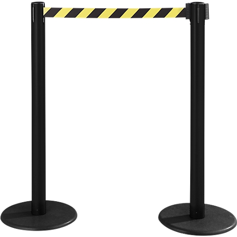 Two black bollards with a yellow and black striped barrier tape span a passage on a white background.