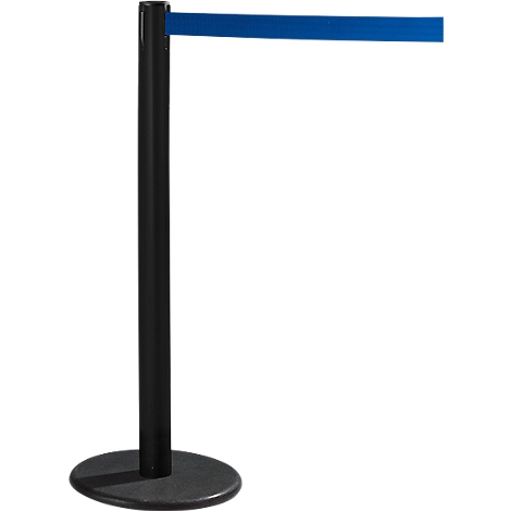 Black stanchion with blue belt. The belt is attached to the top of the pole.