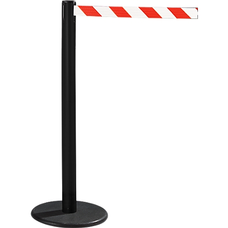 Black stanchion with a red and white striped barrier tape, round base.