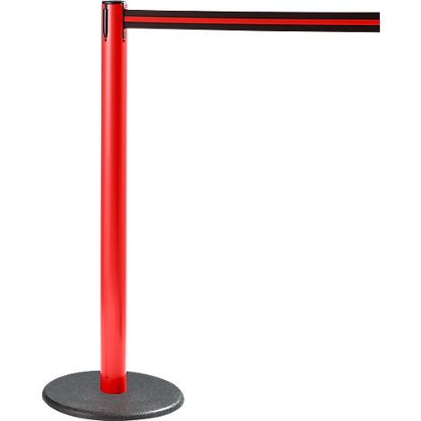 Red stanchion with black and red striped retractable belt. On gray base. Front view, isolated.