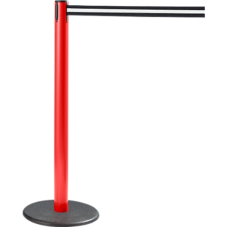 Red stanchion with a black and white striped band. The stanchion has a round, grey base.